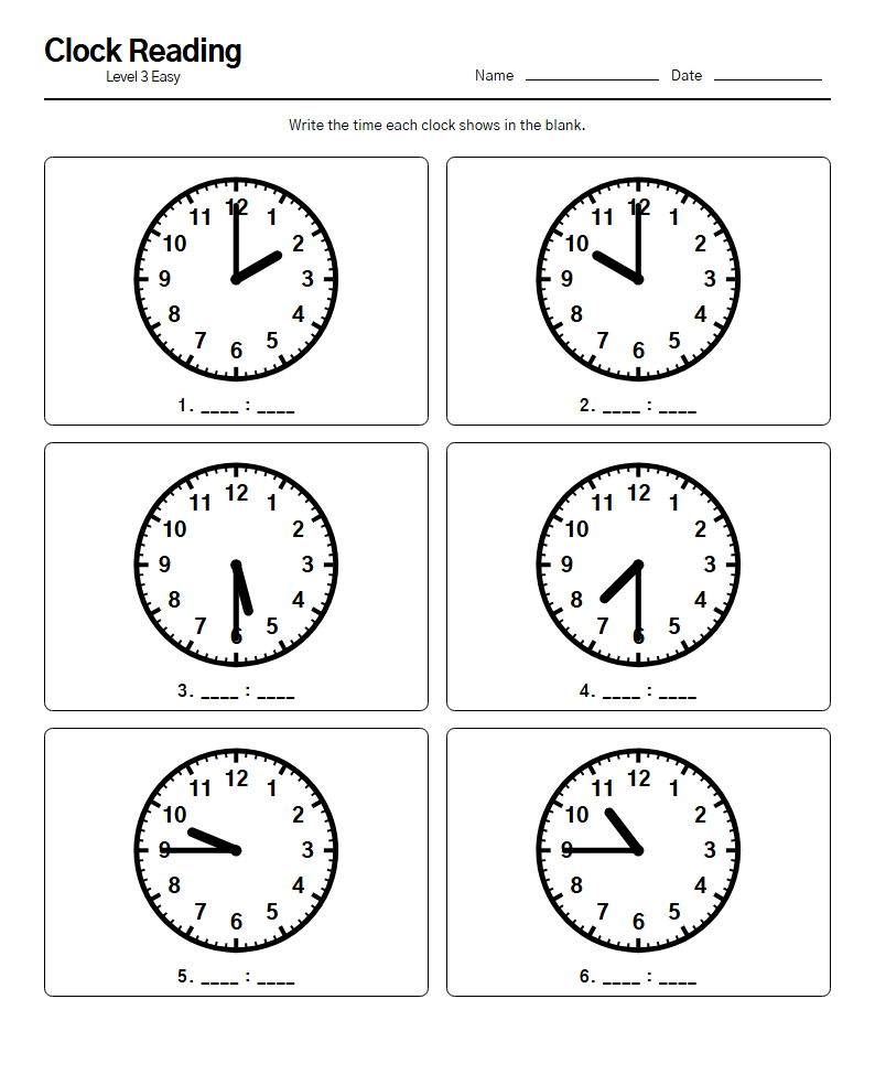 Clock Reading printable worksheet — free A4 brain training activity sheet for seniors