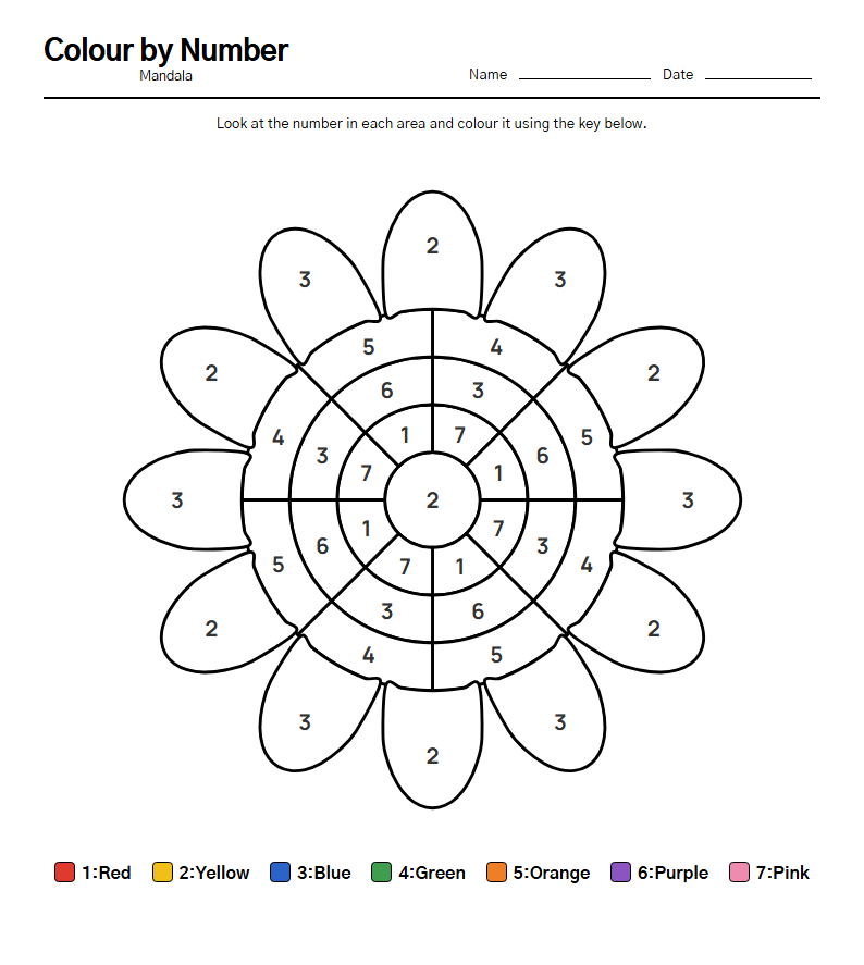 Colour by Number printable worksheet — free A4 brain training activity sheet for seniors