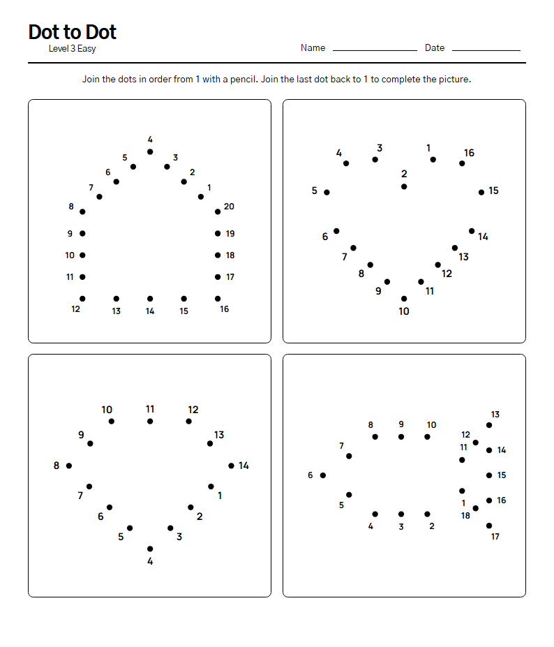 Dot to Dot printable worksheet — free A4 brain training activity sheet for seniors