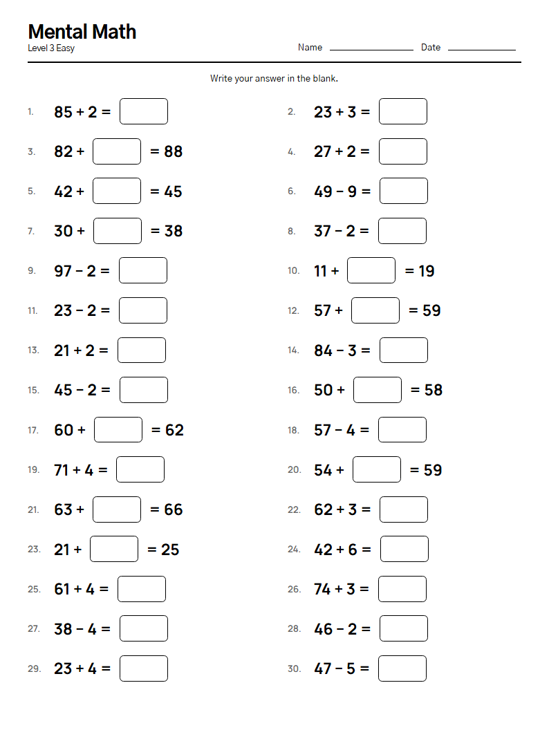 Mental Math printable worksheet — free A4 brain training activity sheet for seniors