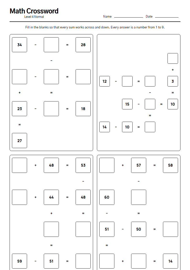 Math Crossword printable worksheet — free A4 brain training activity sheet for seniors