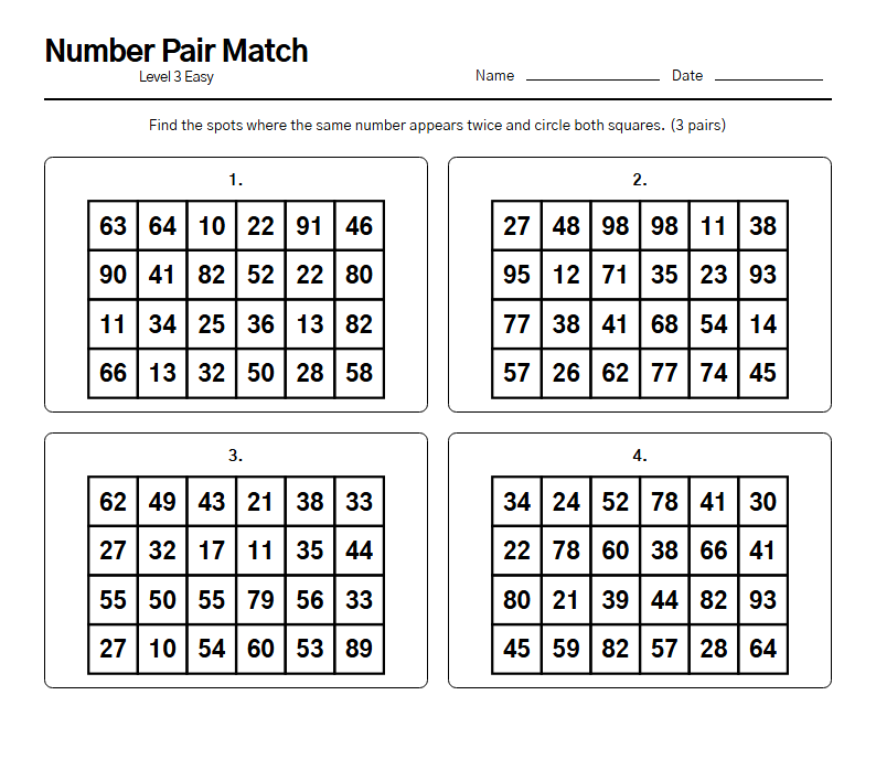 Number Pair Match printable worksheet — free A4 brain training activity sheet for seniors