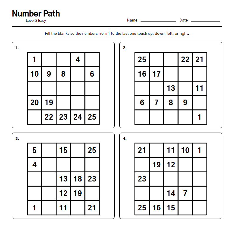 Number Path printable worksheet — free A4 brain training activity sheet for seniors
