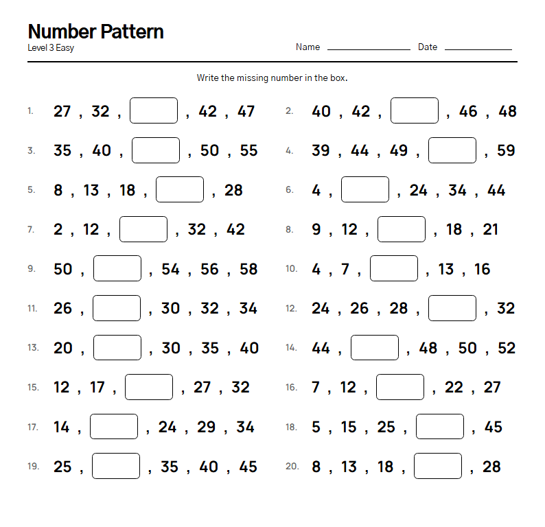 Number Pattern printable worksheet — free A4 brain training activity sheet for seniors