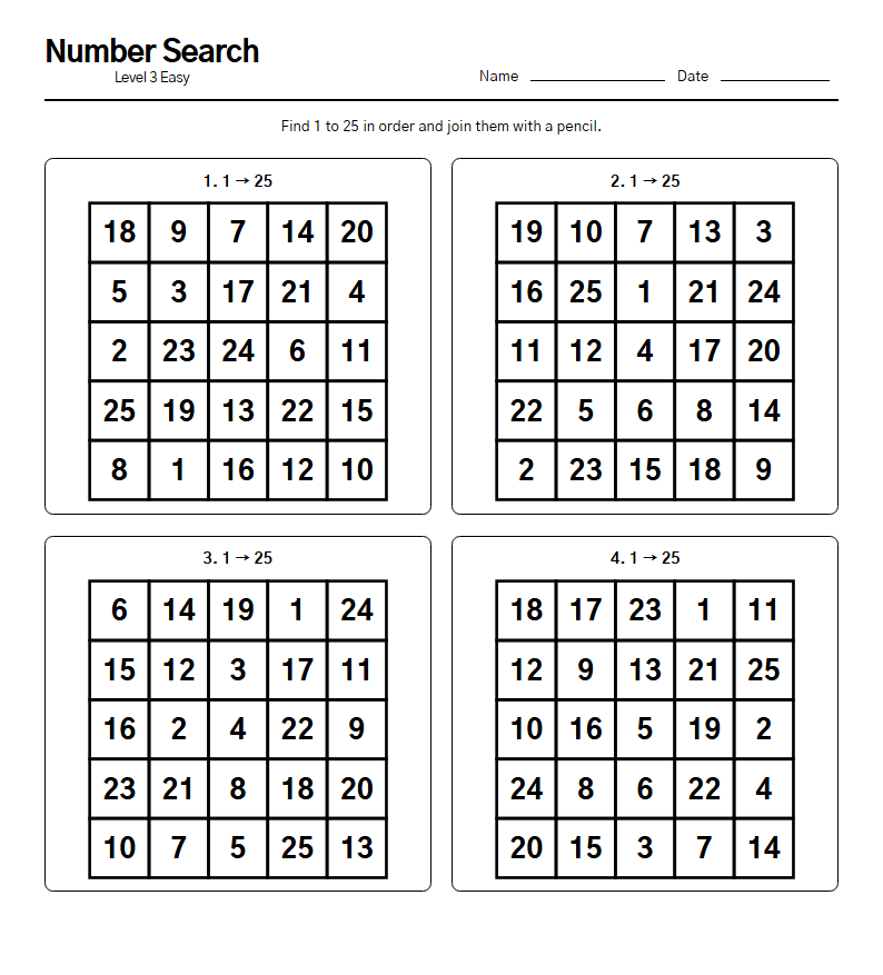 Number Search printable worksheet — free A4 brain training activity sheet for seniors