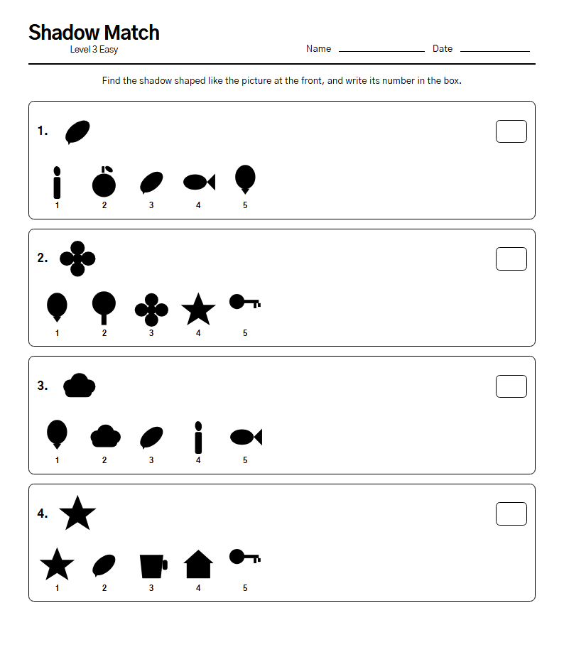 Shadow Match printable worksheet — free A4 brain training activity sheet for seniors