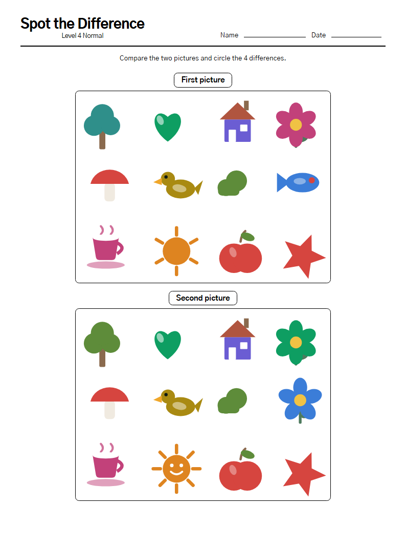 Spot the Difference printable worksheet — free A4 brain training activity sheet for seniors