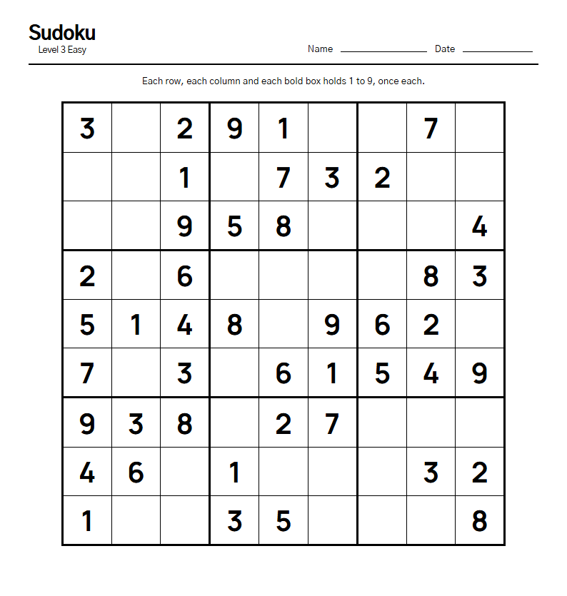 Sudoku printable worksheet — free A4 brain training activity sheet for seniors