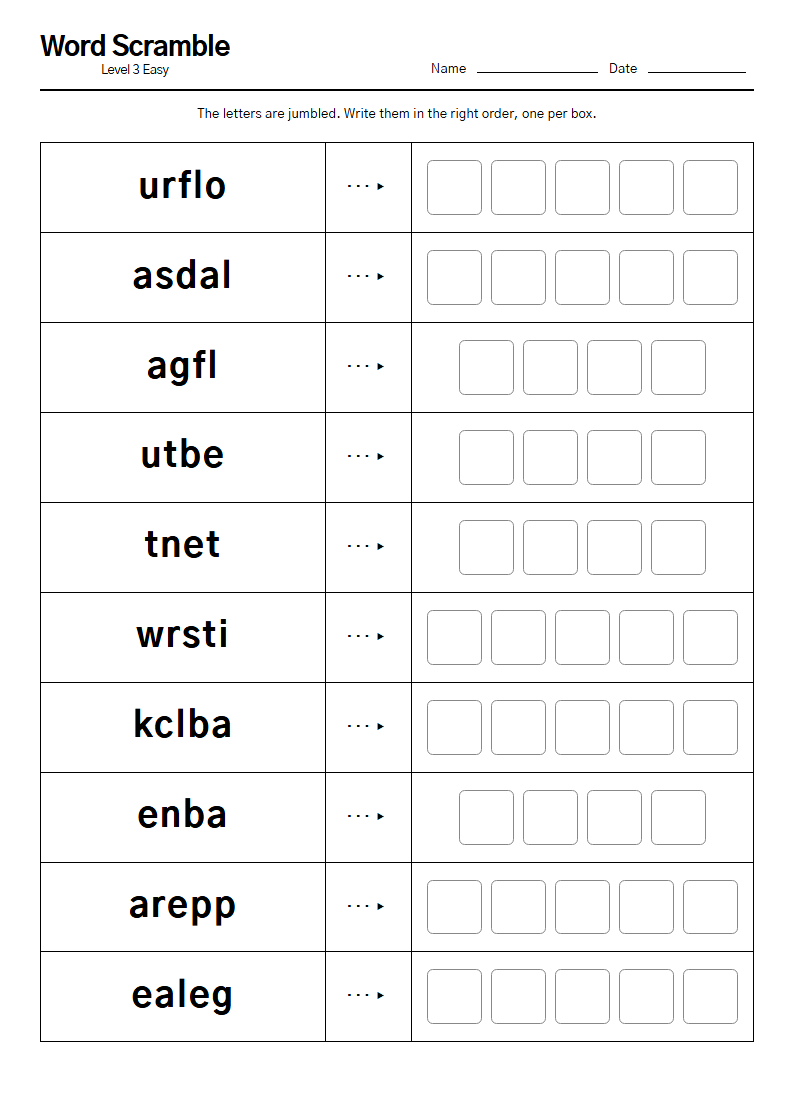Word Scramble printable worksheet — free A4 brain training activity sheet for seniors