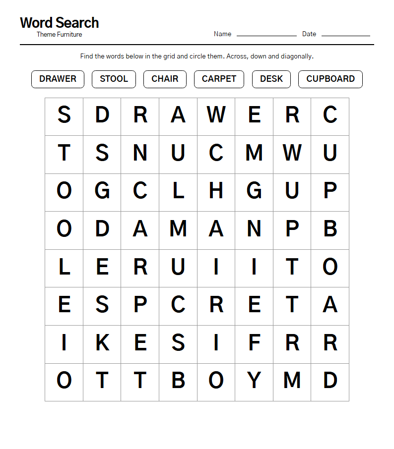 Word Search printable worksheet — free A4 brain training activity sheet for seniors